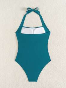 SHEIN Swim Women's Solid Color Ruched Halter One-Piece Swimsuit - Blue - View 2