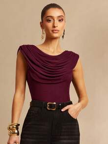 Silquee Bodysuit Feminino Elegante de Cor Sólida com Decote Drapeado e Babado, Verão - Violeta - Visão 3
