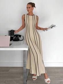 Siren Gaze New Summer Sleeveless Linen Maxi Dress With Beige Detail Slimming Fit - Versatile Style For Bohemian Elegant Beach Vacation Or Daily Commuting - Apricot - View 4