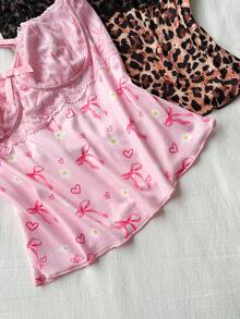 SweetSlumber Women's INS Sweet Bow Heart Striped Plaid Leopard Print Patchwork Contrast Color Lace Camisole Knit Cropped 4-Piece Pajama Set - Multicolor - View 4