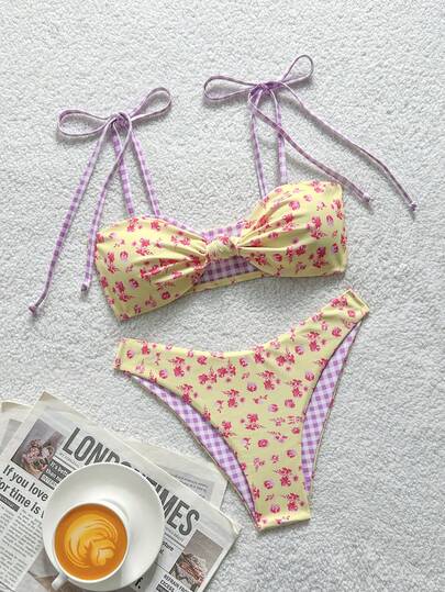 Soleia Women's Sweet Floral Patchwork Plaid Print Tie Shoulder Split Bikini Set, Suitable For Beach & Holiday