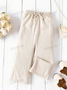 SHEIN Tween Girl Casual All-Match Versatile Loose Comfortable Beach Wide Leg Pants In Apricot Textured Fabric, New Spring/Summer Collection, Matching With Mom And Sister - Apricot - View 1