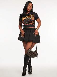 Radiana Plus Size Women's Cherry Pattern Round Neck Slim Fit Tee&Bubble Elastic Waist Mini Skirt,Black,Summer,Casual,Bussines,Night Out Club Western Wear - Black - View 6