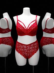 SHEIN 2pcs Plus Size Women Lace Padded Bra Set - Red - View 3