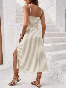 Frenchy Vestido midi de rayas caqui tejido, de estilo minimalista, bohemio y elegante retro, adecuado para festivales deúsica, atuendos de playa, ropa de vacaciones, para mujer - Multicolor - Ver 5