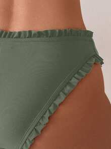 SHEIN Swim 女款橄欖綠荷葉邊飾泳褲下半身，海灘度假夏季熱帶可愛風 - 軍綠色 - 查看 4