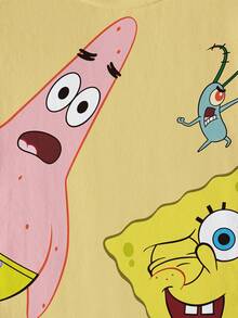 SpongeBob SquarePants | SHEIN 小男孩圓領短袖可愛卡通印花夏季T恤，全身印花 - 白色 - 查看 5