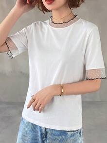 FRIFUL 女士休闲宽松透视网纱纯色T恤，春夏百搭 - 白色 - 查看 4