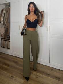 Ronhire Pantalones rectos y sueltos de cintura baja de color liso informal - Verde militar - Ver 3