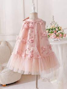 Glamorique Kids Đầm hoa cổ yếm thanh lịch cho bé gái, tay bồng kiểu cánh hoa, đính nơ lớn, thích hợp cho mọi mùa, dự tiệc sinh nhật, phù hợp cho bé gái. - Hồng - Xem 3