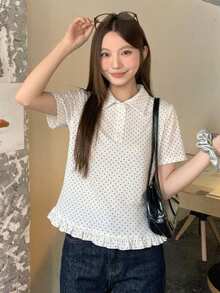 DAZY 女款韓系清新波點印花荷葉邊短袖上衣 夏季可愛上衣 - 杏色 - 查看 6