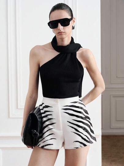 Aveloria Modichic Pantalones cortos de mujer de diseño clásico elegante y minimalista con estampado de cebra en blanco y negro, vintage y casual para vacaciones