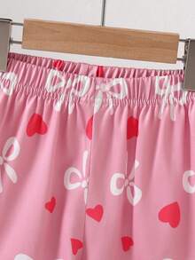 SHEIN 2件套女童可爱蝴蝶结爱心印花短袖短裤针织睡衣套装 - 藕粉色 - 查看 5
