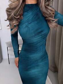 Jemour Women's Blue-Green Gradient Mesh Long-Sleeved Dress, Commuting/Elegant/Vacation/Beach/Hawaii/Valentine's Day - Multicolor - View 4