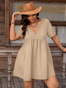 Nubod Vestido corto de manga corta con cuello en V elegante y texturizado en línea A, adecuado para el uso diario en verano, tallas grandes para mujeres - Caqui - Ver 6