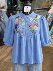 Rusticease Blus Ukuran Besar Warna Biru dengan Kerah Tegak dan Lengan 3/4, Elegan untuk Kantor, Musim Gugur/Musim Dingin 2026 - Biru - View 8