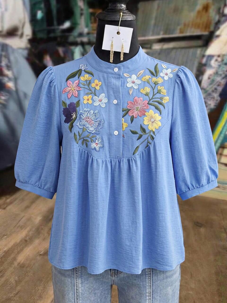 Plus Size Women Floral Embroidery Ruched Casual Versatile Daily Wear Shirt  Summer Tops Spring Country Style For Women