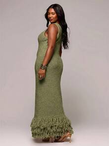 MUSERA Plus Size Textured Knit Fitted Midi Dress Spring Summer Elegant Vacation Holiday Evening Soul Ties Fall - Green - View 4