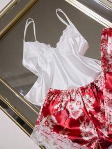 LuxeNights 3pcs Women Sexy Satin Camisole Sleepwear Set, Lace Trim Shorts & Printed Pants, Multi-Piece, All Season - Burgundy - View 7