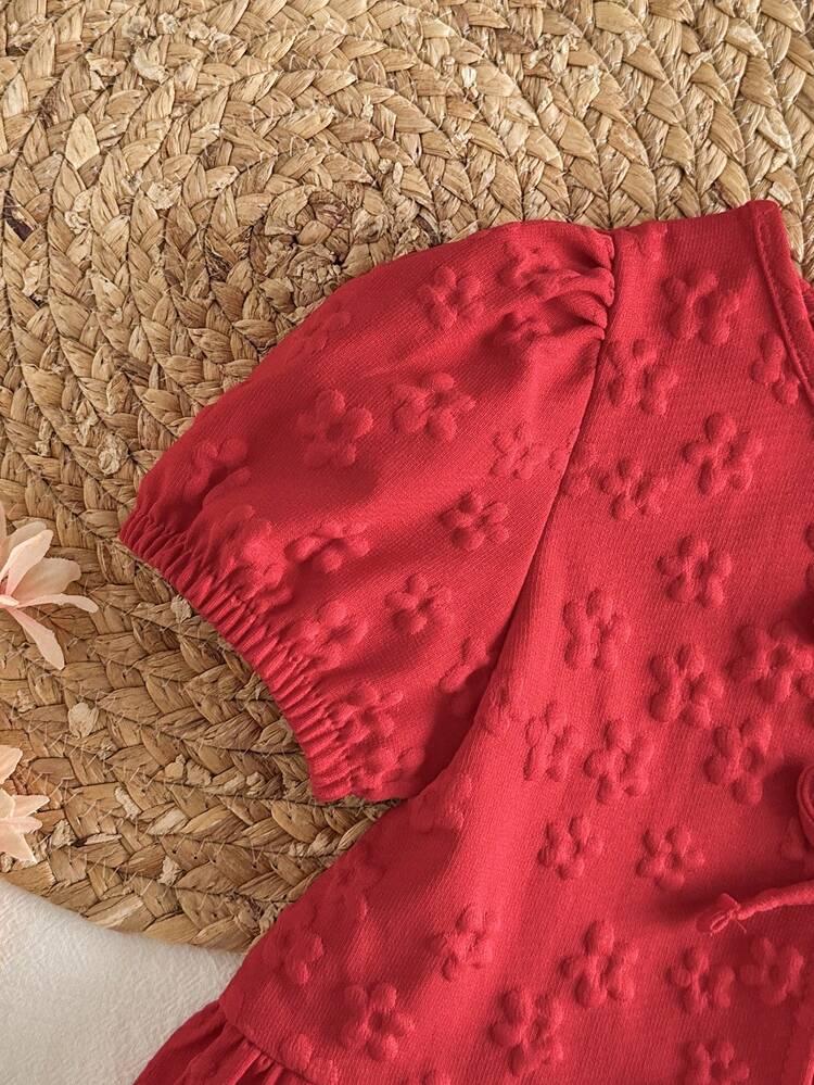 SHEIN Vintaside Kids Baby Girls' Blouse With Unique Floral Fabric Texture, Countryside Vacation Style, Cute & Fashionable, Comfortable For Spring/Summer, Bow Decor - Red - View 7