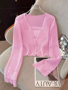 K-Vae Women's Delicate Textured Lightweight Sun Protection Cardigan, Sheer Pearl Button Short Shrug Thin Jacket For Summer - Pink - View 6