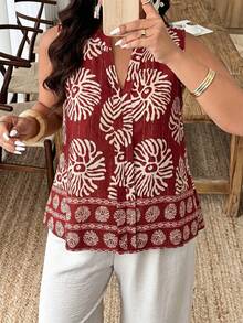 Weeklong Plus Size Women's Casual Round Neck Sleeveless Random Print Shirt, Suitable For Vacation And Daily Wear, Spring/Summer - Multicolor - View 3
