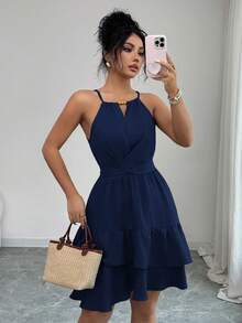 Vestido mini ajustado y acampanado sin mangas, elegante, de color caqui, con lazo de cuentas para mujer, para primavera/verano - Azul marino - Ver 3