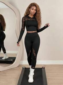 BamGleam Flocked & Mesh Patchwork Drawstring Hoodie And Pants Seamless Sports Suit Workout Women Set Women Leggings Set - Black - View 6
