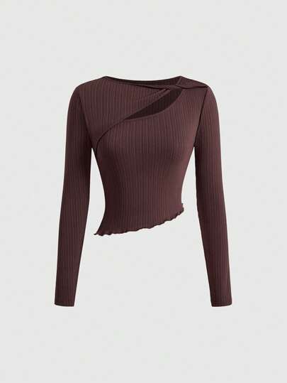 ROMWE Camiseta de manga larga con bajo asimétrico acanalado de estilo casual urbano de color marrón para otoño temprano para mujeres