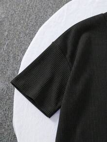 SHEIN LMoss Kids 两件套女童针织纯色圆领宽松T恤和修身短裤套装 - 黑色 - 查看 4