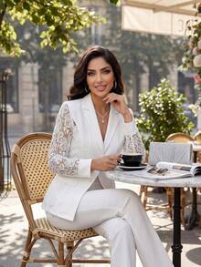 SHEIN Lady Bộ vest trắng Four Seasons Bộ vest ren nối Bộ vest nữ mùa thu/đông - trắng - Xem 3
