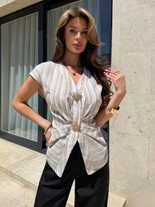 Firerie Women's Elegant Smart Casual White Stripe Summer Blouse, Holiday Vacation Cotton Ruched Waist Metal Button Fitted Shirt For Commuting Work Tea Party - Apricot - View 7