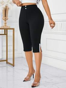 SHEIN Tall CURVE 大码女式纯色长裤，时尚夏季大码女式短裤 - 黑色 - 查看 4