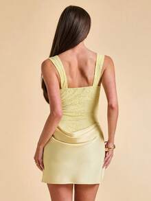 SHEIN BAE Đầm ngắn màu vàng phối ren, chất liệu satin, dáng đuôi cá, thích hợp cho nữ, phù hợp dự đám cưới, dự tiệc, hẹn hò, thanh lịch. - Màu vàng - Xem 2