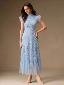 Anewsta Women's Elegant Hollow Embroidered Waist Flared Ruffle Hem Short Sleeve Dress, Suitable For Formal, Party, Chic, Work, Graduation, Wedding, Red Carpet - Blue - View 6