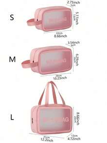 1 Peça Bolsa de Banho Transparente de Grande Capacidade, Bolsa de Toucador Portátil Impermeável de PU, Bolsa de Viagem com Alça para Mulheres, Rosa - Rosa chiclete - Visão 10