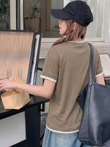 DAZY 女款對比色休閒寬鬆長袖T恤，白色，適合日常、秋季、校園穿著 - 卡其色 - 查看 2