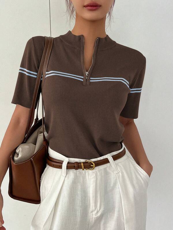 Dazy-Less Striped Contrast Color Stitching Business Casual Style Slim Fit Pullover Zipper Sweater Women's Knitted Top