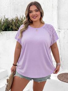 SHEIN CURVE+ Plus Size Color Block Lace Splicing Short Sleeve T-Shirt, Suitable For Beach Vacation In Summer Boho Vacation - Mauve Purple - View 4