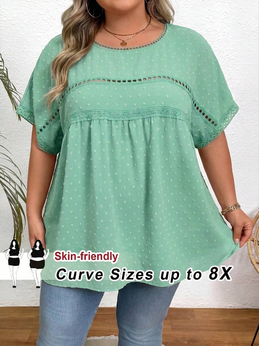 SHEIN CURVE+ 大码休闲度假纯色蝙蝠袖衬衫,夏季/乡村/海滩度假装/海滩装/沙滩服饰 - 薄荷綠 - 查看 1