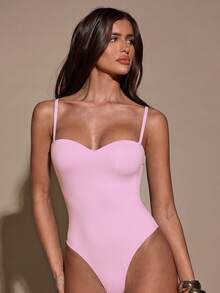 SHEIN BAE Women's Solid Color Minimalist Casual Bodysuit Club Night Light Pink Summer - Baby Pink - View 6