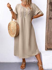 EMERY ROSE Plus Size Boho Women's Summer Casual A-Line Dress With Plant Embroidery, Round Neckline And Short Sleeve - Khaki - View 4