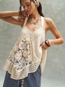 Camiseta de mujer con decoración de encaje y flores 3D, primavera/verano - Albaricoque - Ver 5