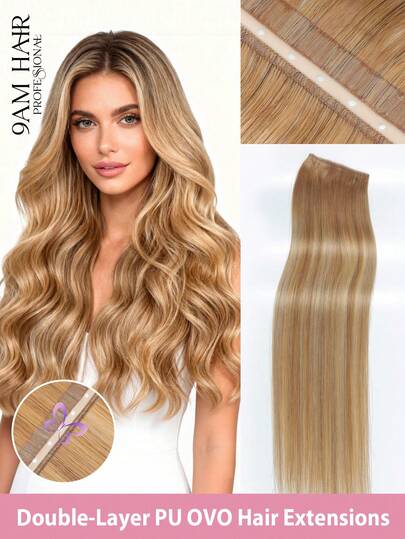 9AM HAIR Butterfly Weft Hair Extensions Human Hair Glueless OVO Pu Hole Genius Hand Tied Invisible DIY Double Weft Hair Extensions Straight 1pc 16 Inches