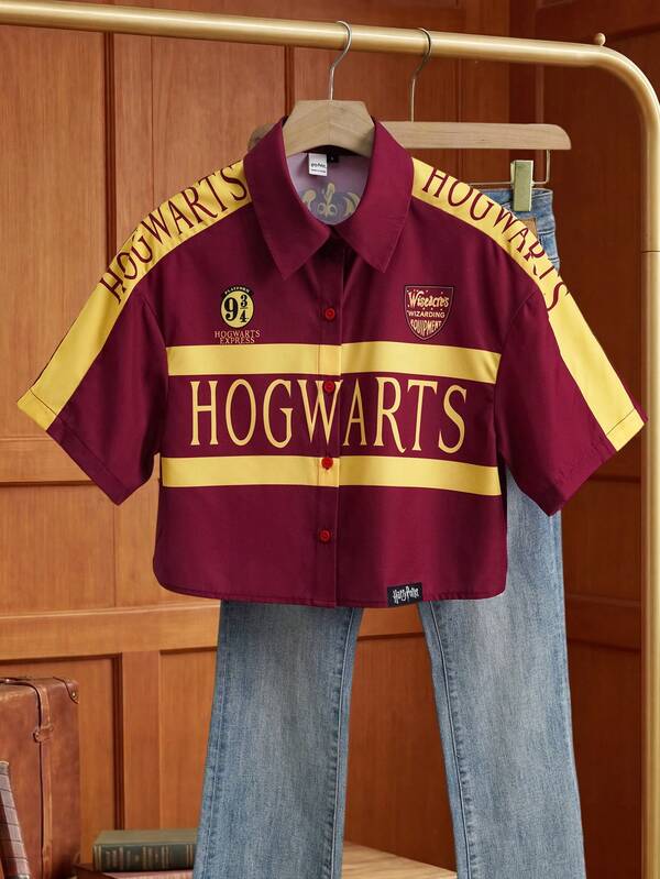 HARRY POTTER X SHEIN Women's Casual Letter Graphic Contrast Color Front Button Short Sleeve Shirt, Summer