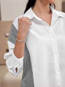 Mulvari Women's Gray White Splice Long Sleeve Blouse, Loose Fit Casual Shirt For Work Office Autumn - White - View 6