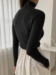 DAZY Ribbed Knit Turtleneck Jumper - Black - View 2