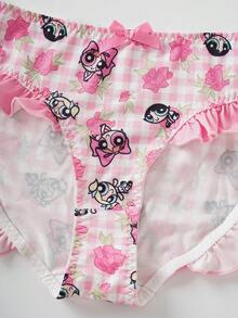 THE POWERPUFF GIRLS X SHEIN 3 chiếc quần lót nữ in hình hoạt hình kẻ caro dễ thương, có bèo nhún. - Nhiều màu - Xem 6
