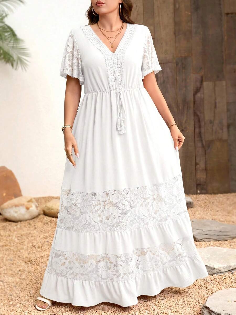 SHEIN Clasi Plus Size Elegant Lace Patchwork V-Neck Bohemian Style Dress - White - View 1