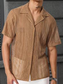 Manfinity Homme Men's Camel Summer Tropical Vacation Textured Waffle Knit Short Sleeve Button Down Shirt,Retro Cuban Collar Casual Fashion Versatile Outdoor Top - Brown - View 3